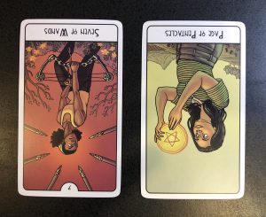 Reversed 7 of wands and reversed page of pentacles