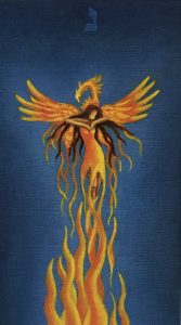 image: deth card - a a woman-shaped pheonix with flaming wings